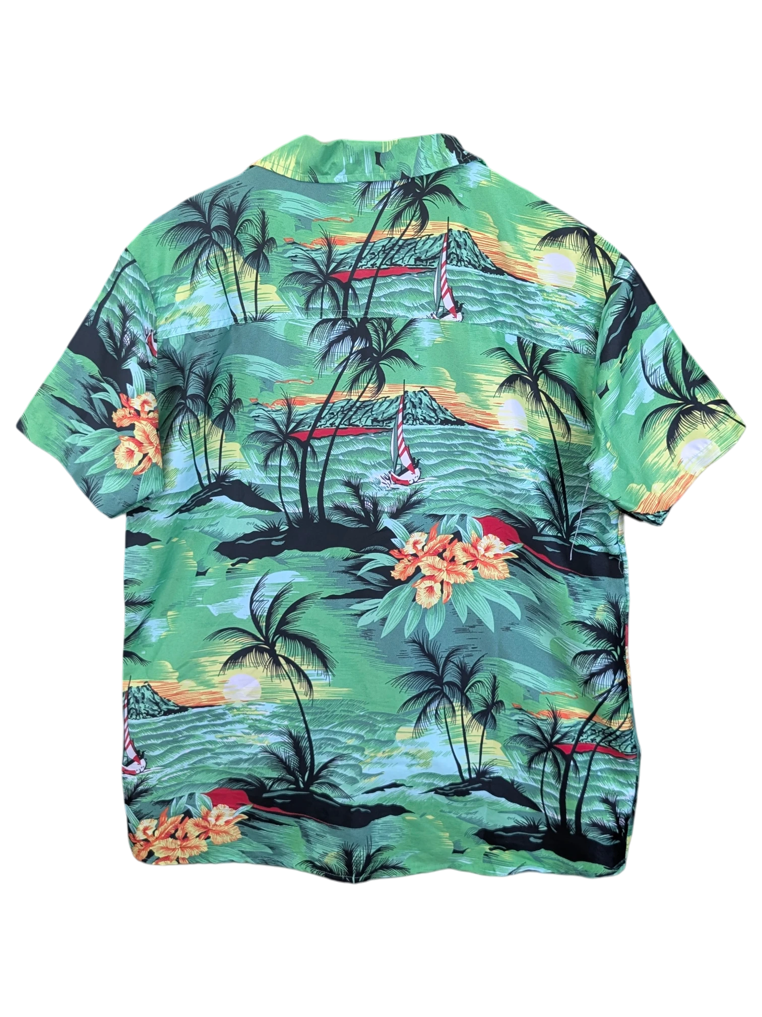 JAKE & IPI Fight The Wall Hawaiian shirt in green with tropical palm tree, hibiscus flower, and sailboat print.