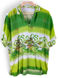JAKE & IPI green Hawaiian shirt featuring a tropical beach landscape print with palm trees and sailboats
