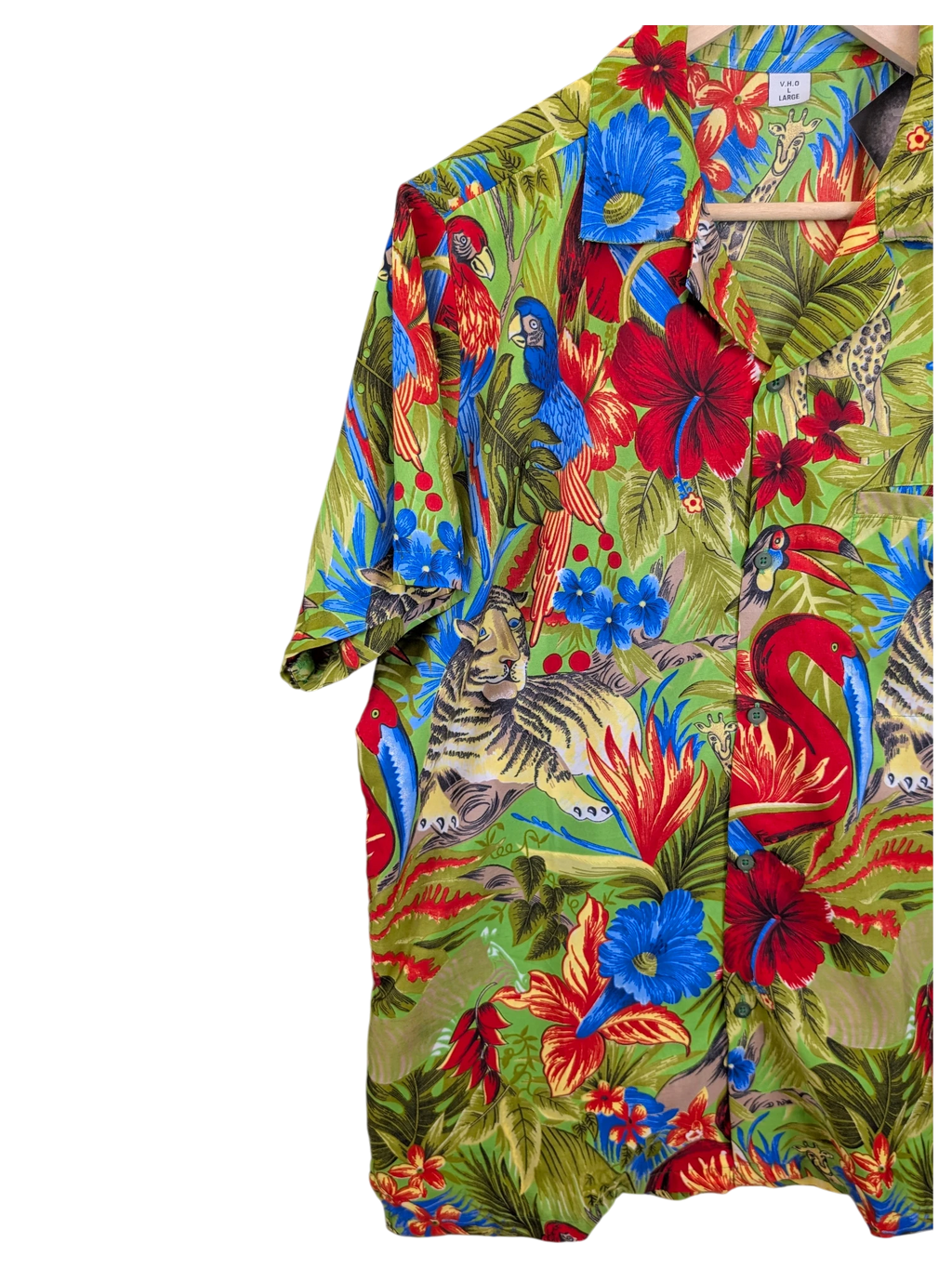 JAKE & IPI V.H.O Hawaiian shirt featuring a vibrant green jungle print with tigers, parrots, and tropical flowers.