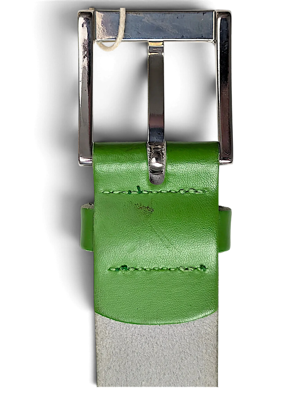 JAKE & IPI Street One green leather belt featuring a polished silver rectangular buckle and stitched detailing.