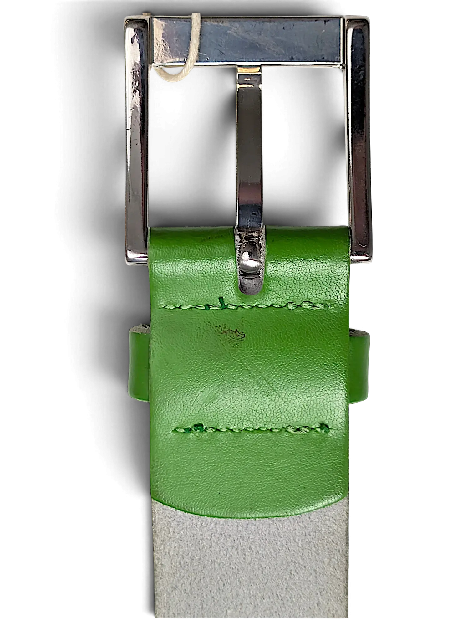 JAKE & IPI Street One green leather belt featuring a polished silver rectangular buckle and stitched detailing.