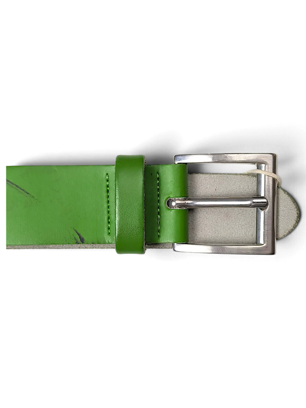 JAKE & IPI green leather belt with a silver-toned metal buckle and matching leather keeper loop