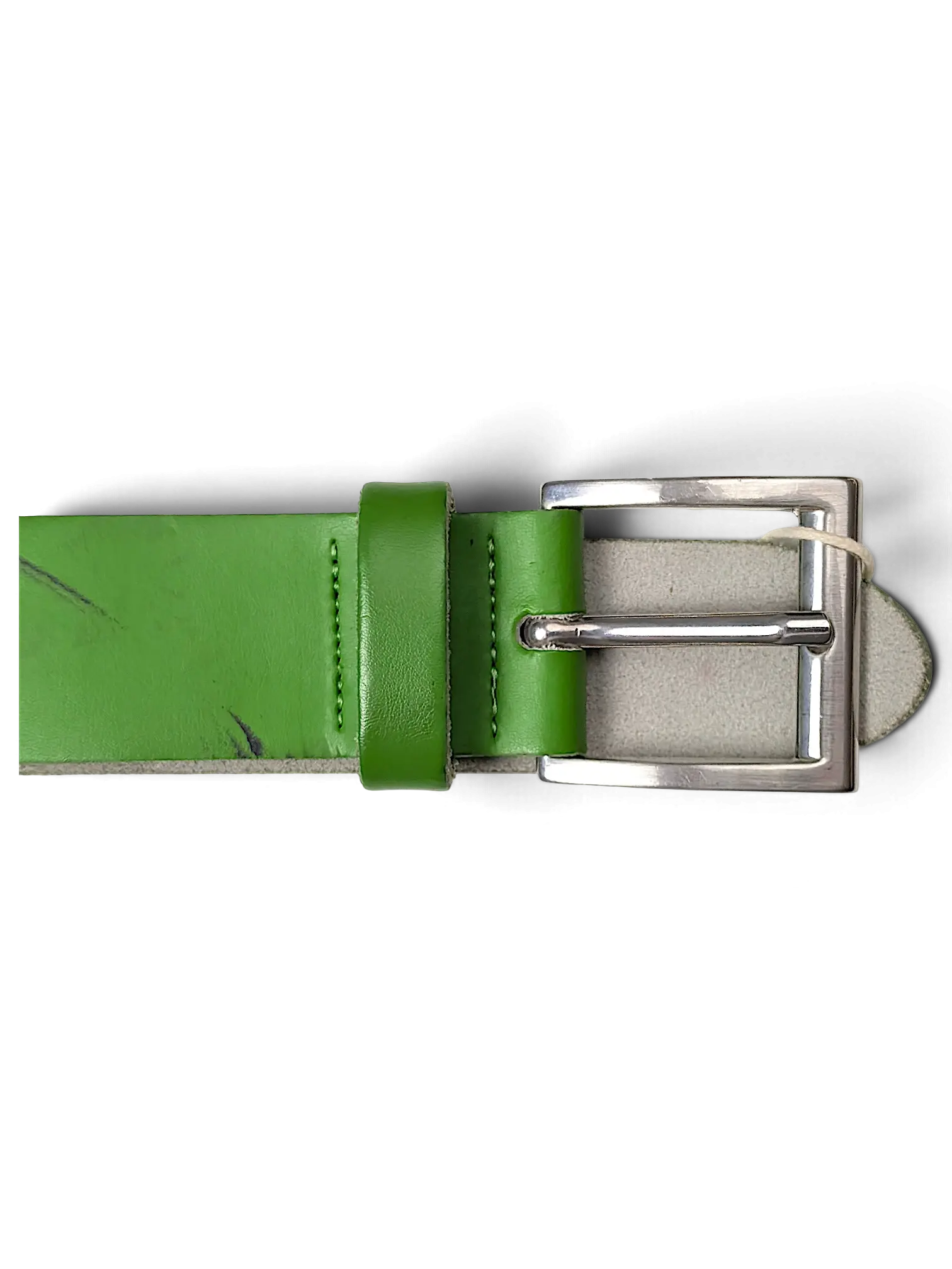 JAKE & IPI green leather belt with a silver-toned metal buckle and matching leather keeper loop