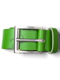 JAKE & IPI Street One green leather belt with a silver square buckle held in a hand against a black background.