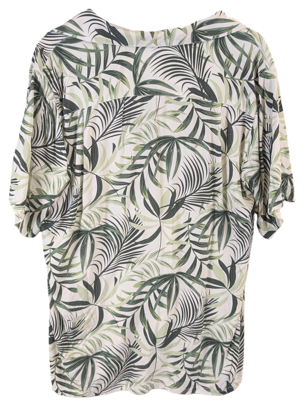 JAKE & IPI Gary's Hawaiian shirt in cream with a green tropical palm leaf print, shown from the back on a hanger.
