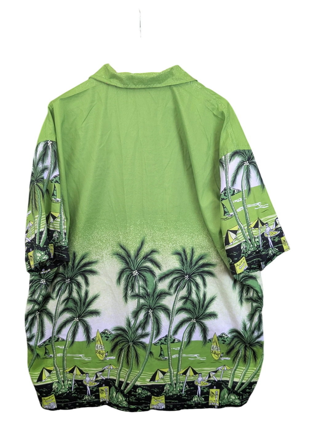 JAKE & IPI green Hawaiian shirt featuring a tropical palm tree and beach print on the back