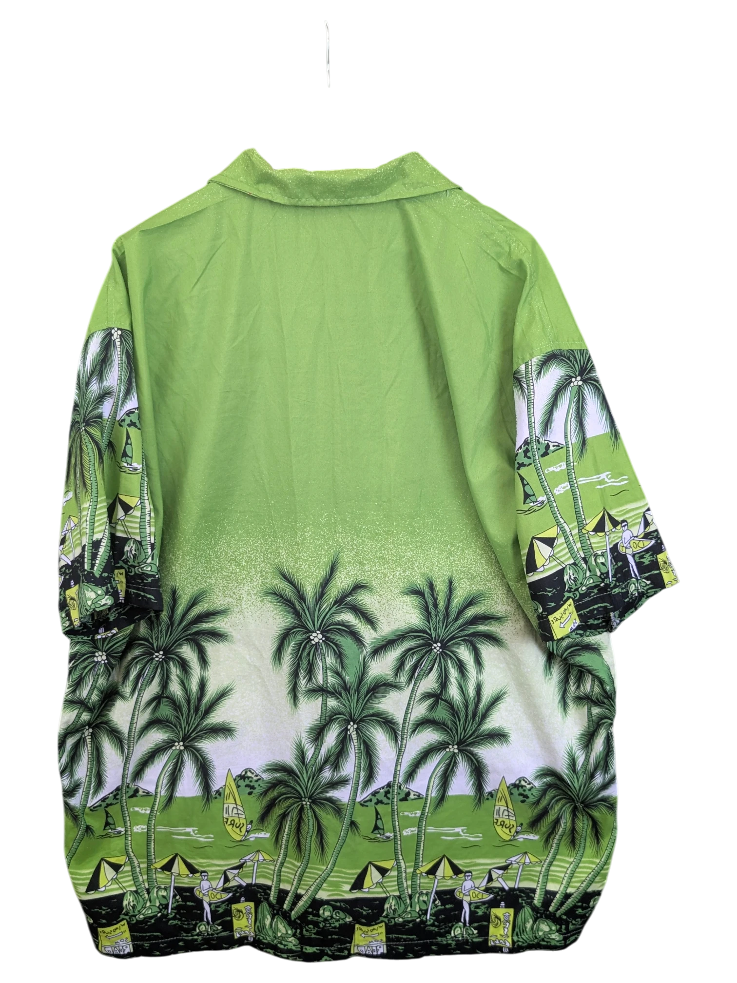 JAKE & IPI green Hawaiian shirt featuring a tropical palm tree and beach print on the back