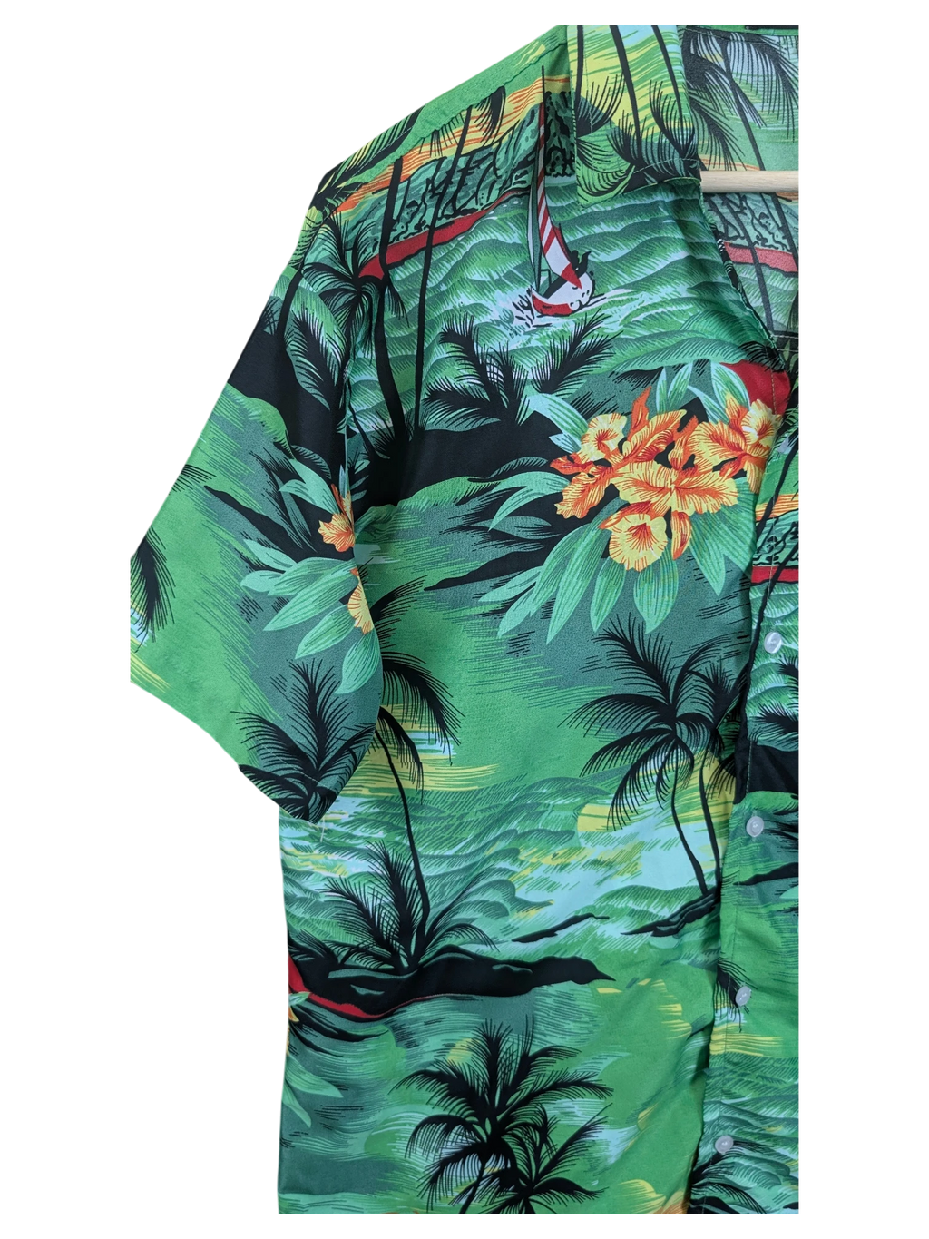 JAKE & IPI Fight The Wall Hawaiian shirt in green with a tropical palm tree, sailboat, and floral print pattern.