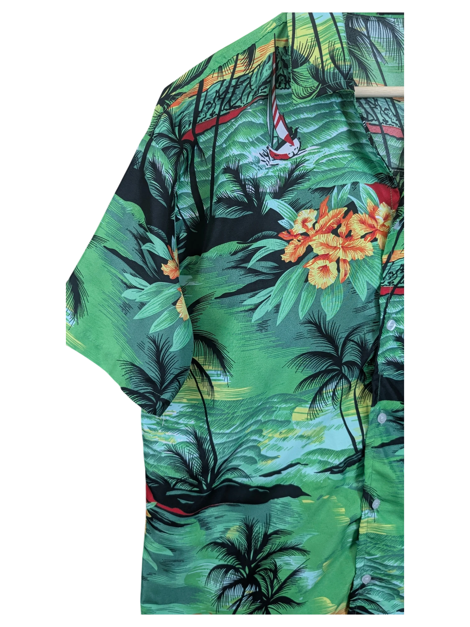 JAKE & IPI Fight The Wall Hawaiian shirt in green with a tropical palm tree, sailboat, and floral print pattern.