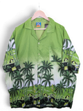 JAKE & IPI green Hawaiian shirt featuring a tropical palm tree and beach scene print with a button-down front.