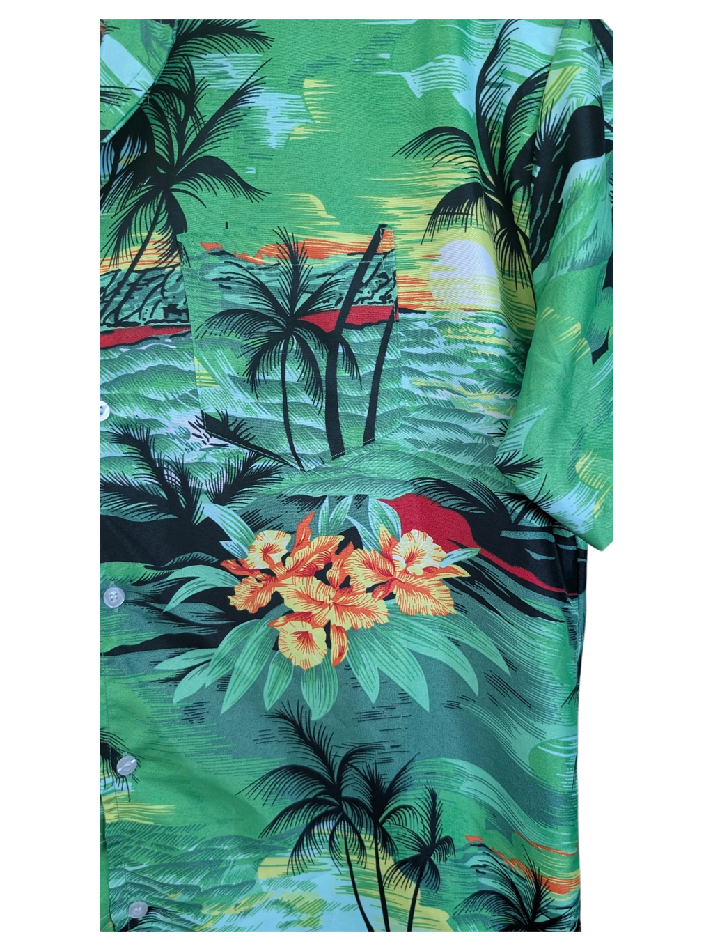 JAKE & IPI Fight The Wall Hawaiian shirt featuring a green tropical sunset landscape with palm trees and orange flowers.