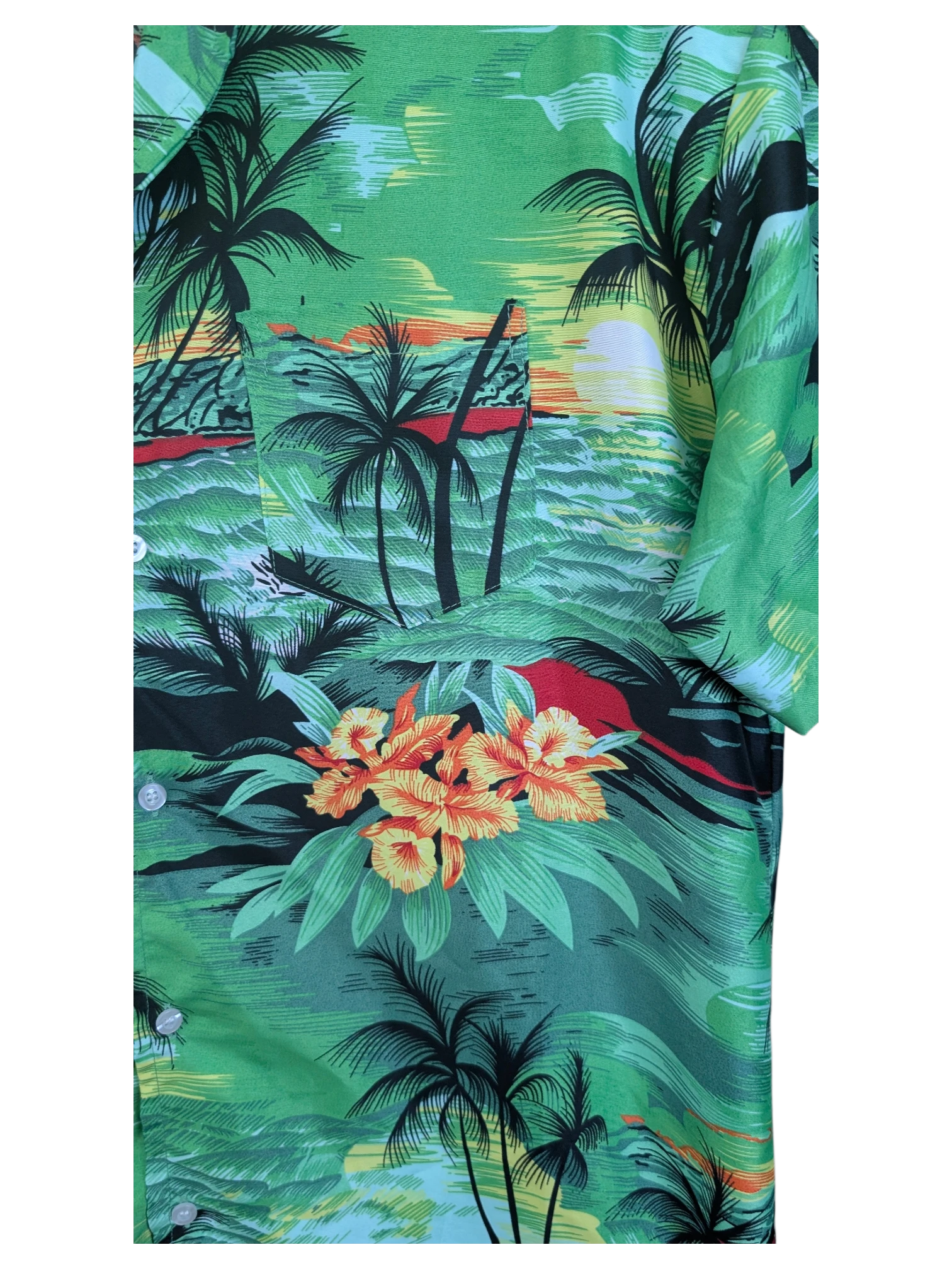 JAKE & IPI Fight The Wall Hawaiian shirt featuring a green tropical sunset landscape with palm trees and orange flowers.
