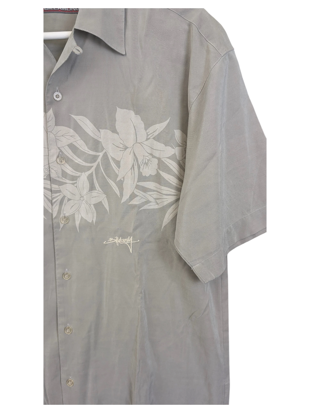 JAKE & IPI grey Billabong Hawaiian shirt with a subtle tonal floral print and button-down front