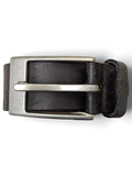 JAKE & IPI Tom Ramsey grey and black leather belt with a brushed silver metal buckle against a black background