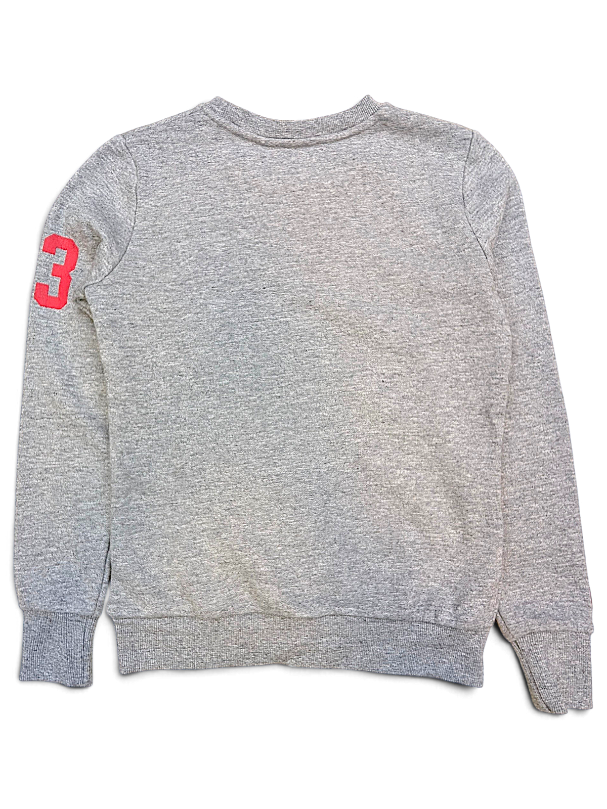 JAKE & IPI Superdry College grey crewneck sweatshirt with a red number 3 graphic on the sleeve