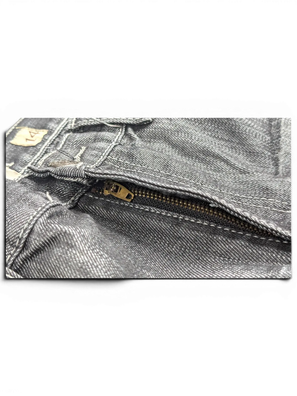 JAKE & IPI Old Skool grey denim jeans featuring a metal zipper fly and size 14 label detail.