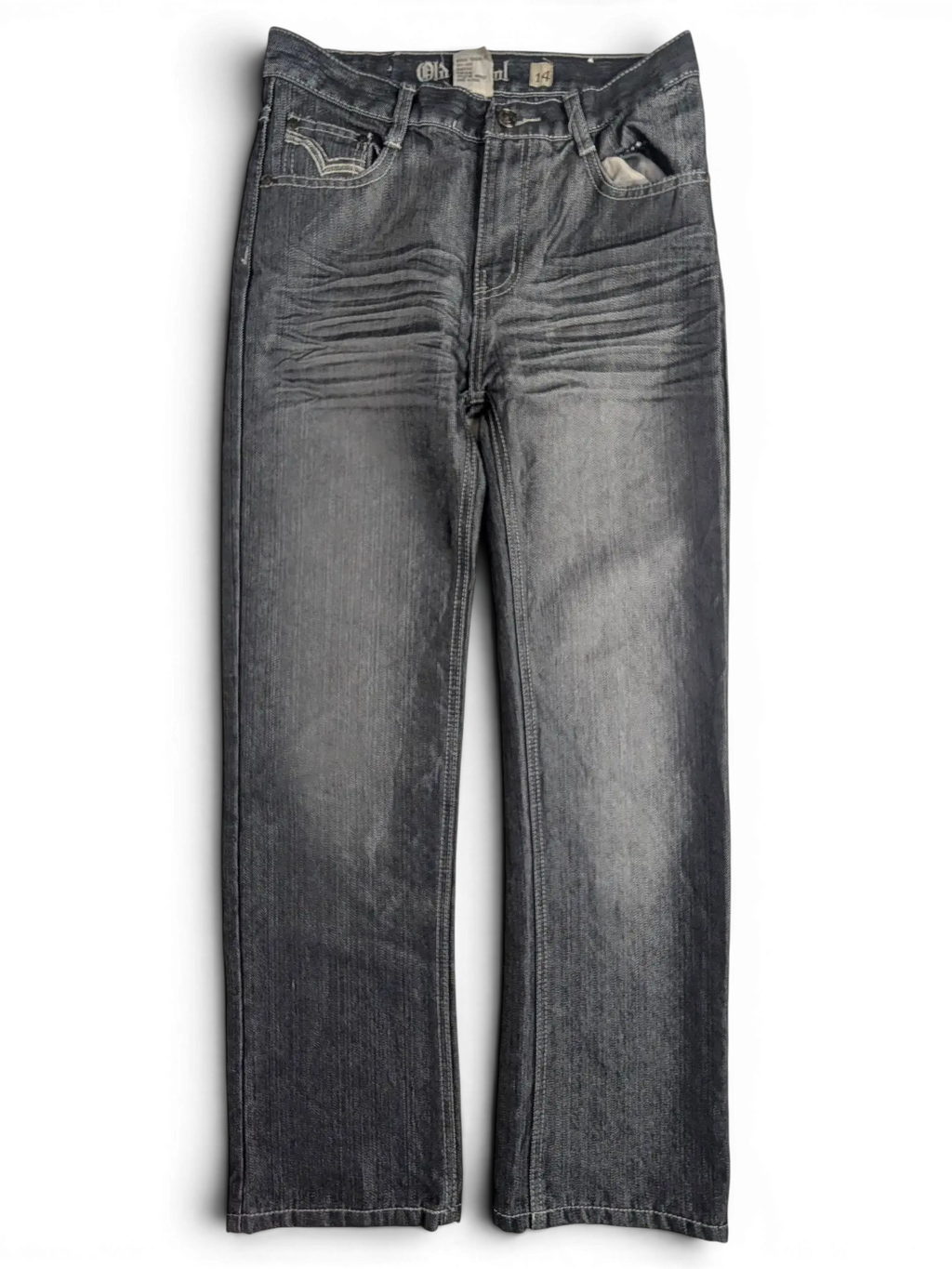 JAKE & IPI Old Skool size 14 grey denim jeans with whiskered detailing and contrast stitching