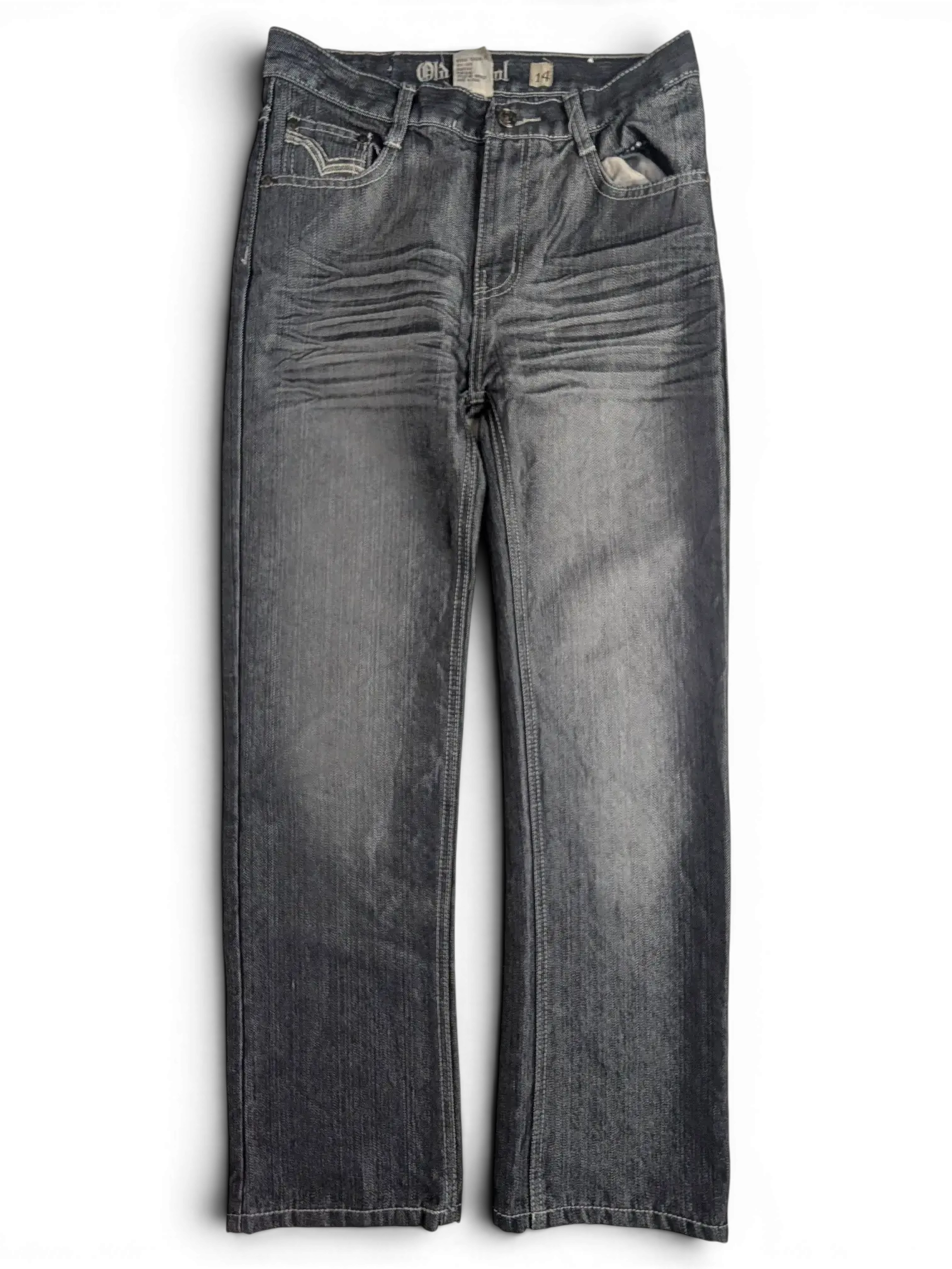 JAKE & IPI Old Skool size 14 grey denim jeans with whiskered detailing and contrast stitching