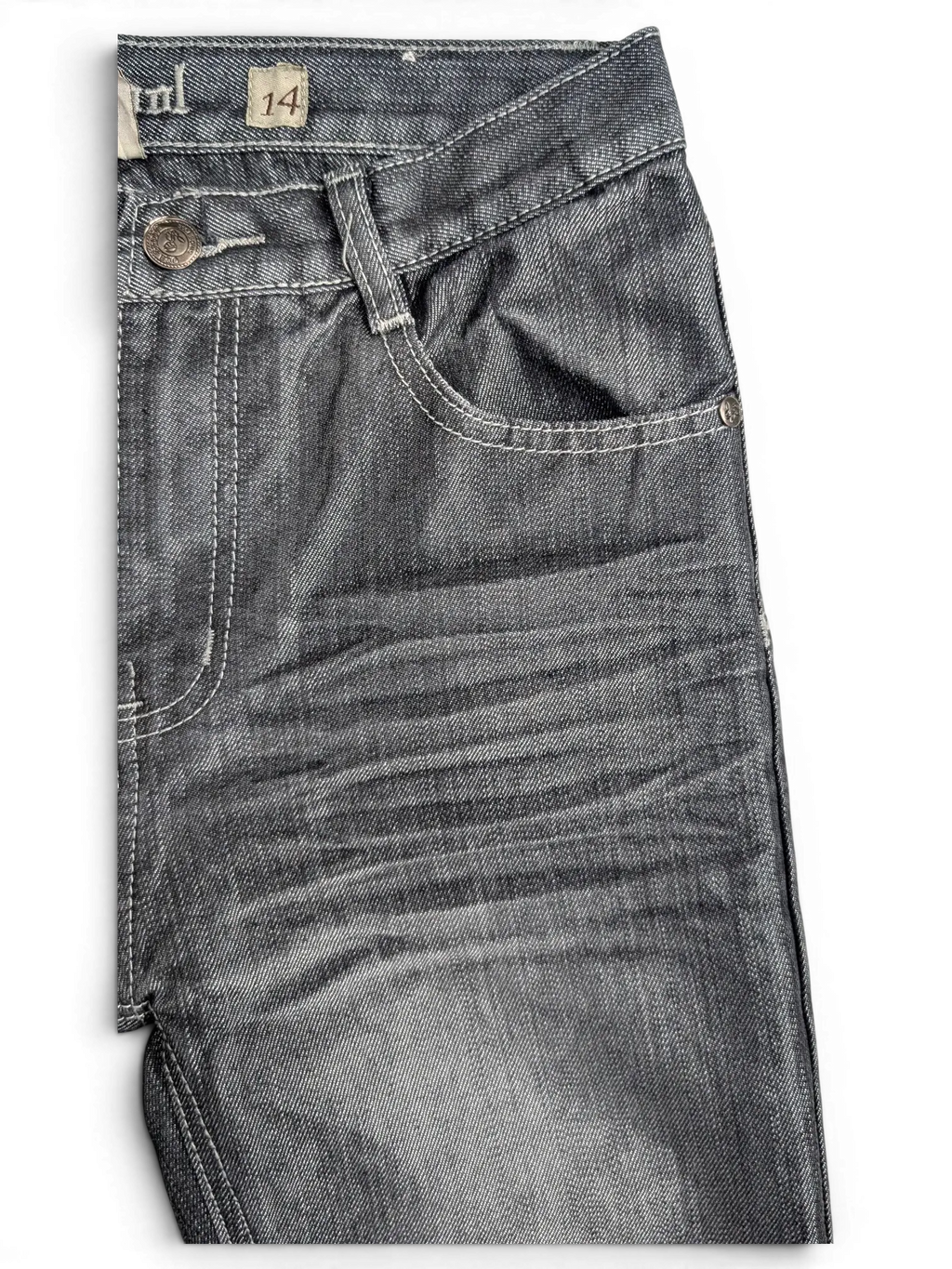 JAKE & IPI Old Skool grey denim jeans with whiskering detail and size 14 label