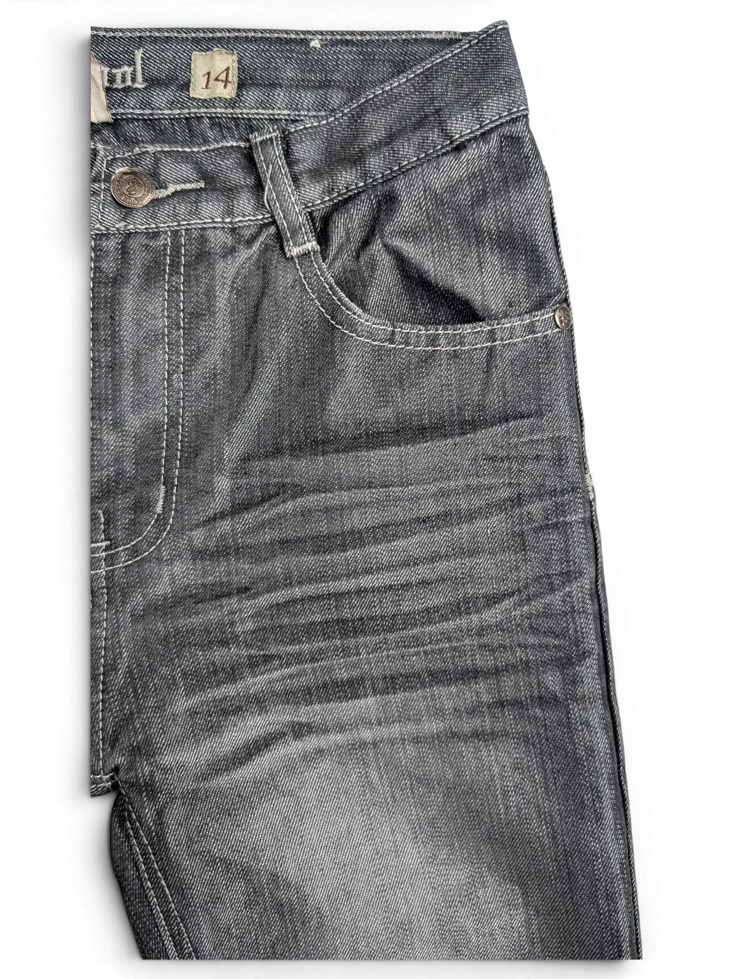 JAKE & IPI Old Skool grey denim jeans with whiskering detail and size 14 label