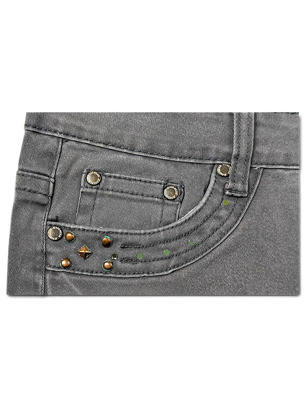 JAKE & IPI Seyoo Denim Division grey Y2K jeans featuring a coin pocket with bronze studs and branded metal buttons.