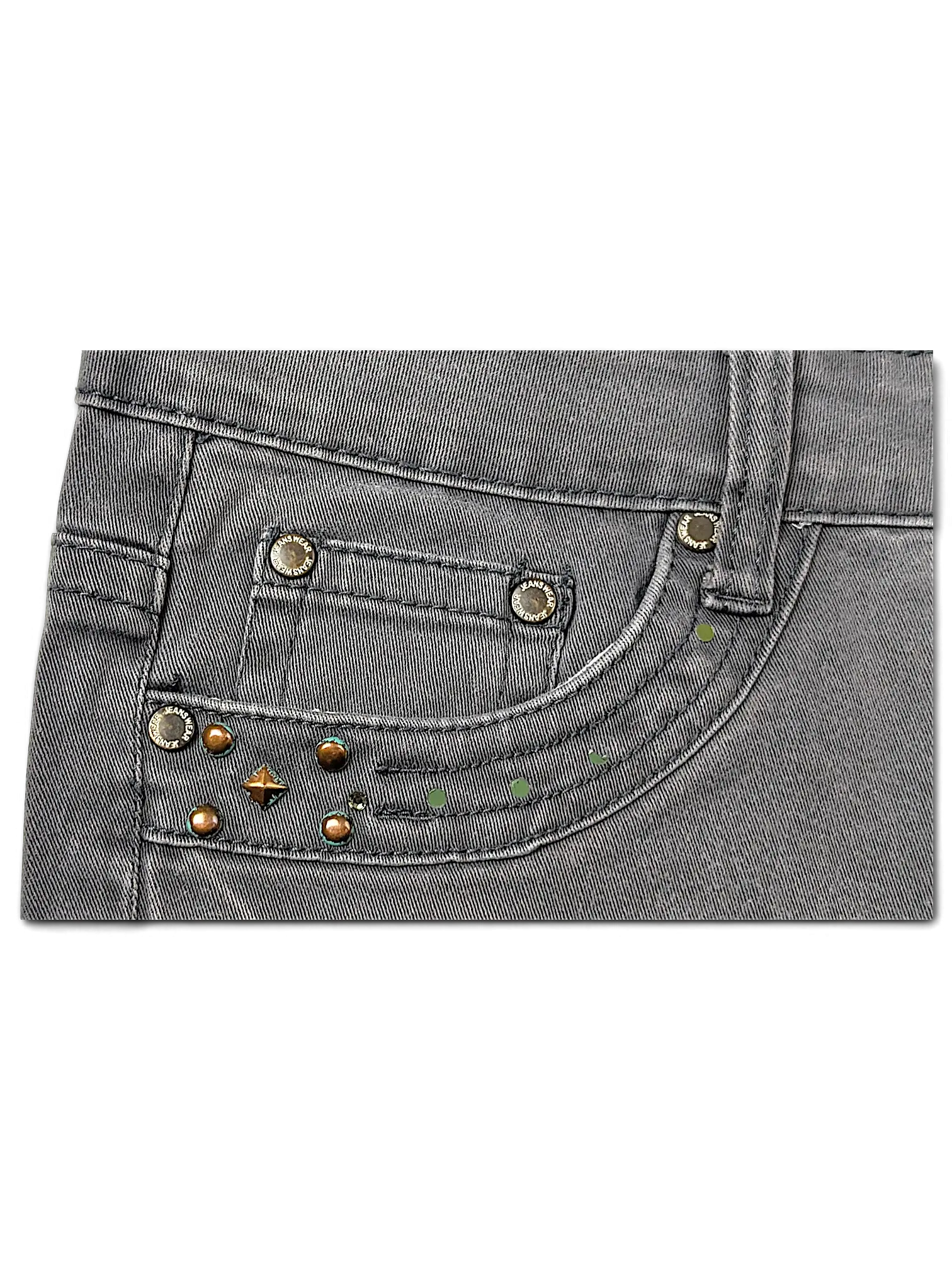 JAKE & IPI Seyoo Denim Division grey Y2K jeans featuring a coin pocket with bronze studs and branded metal buttons.