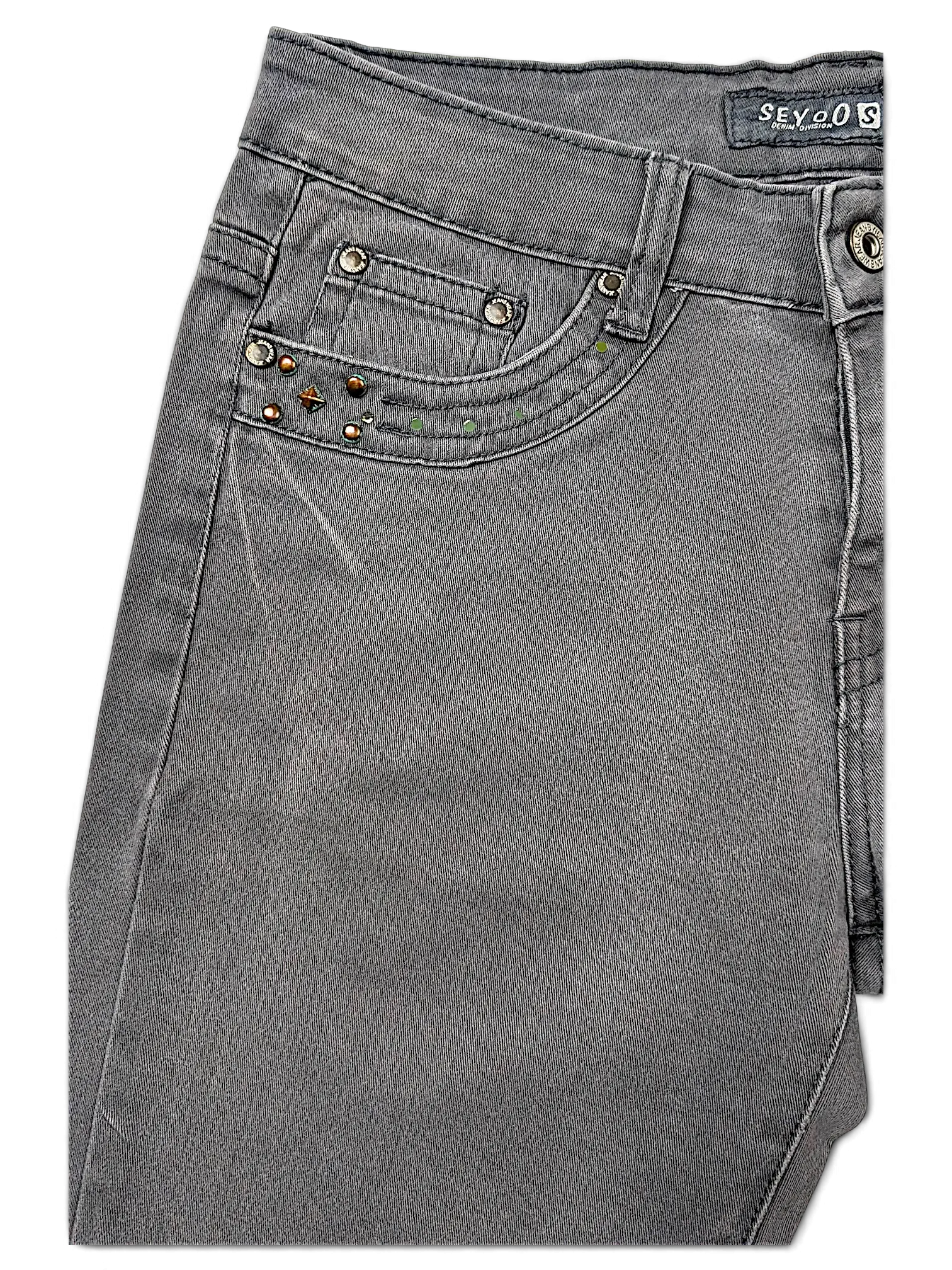 JAKE & IPI grey denim jeans with Y2K style metal stud embellishments on the front pocket