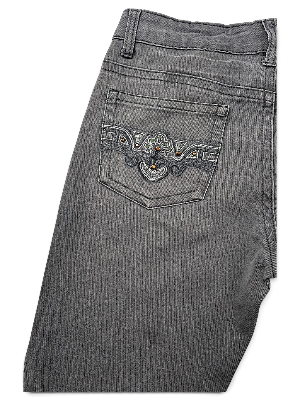 JAKE & IPI grey denim jeans featuring Y2K style back pocket with intricate embroidery and copper stud detailing