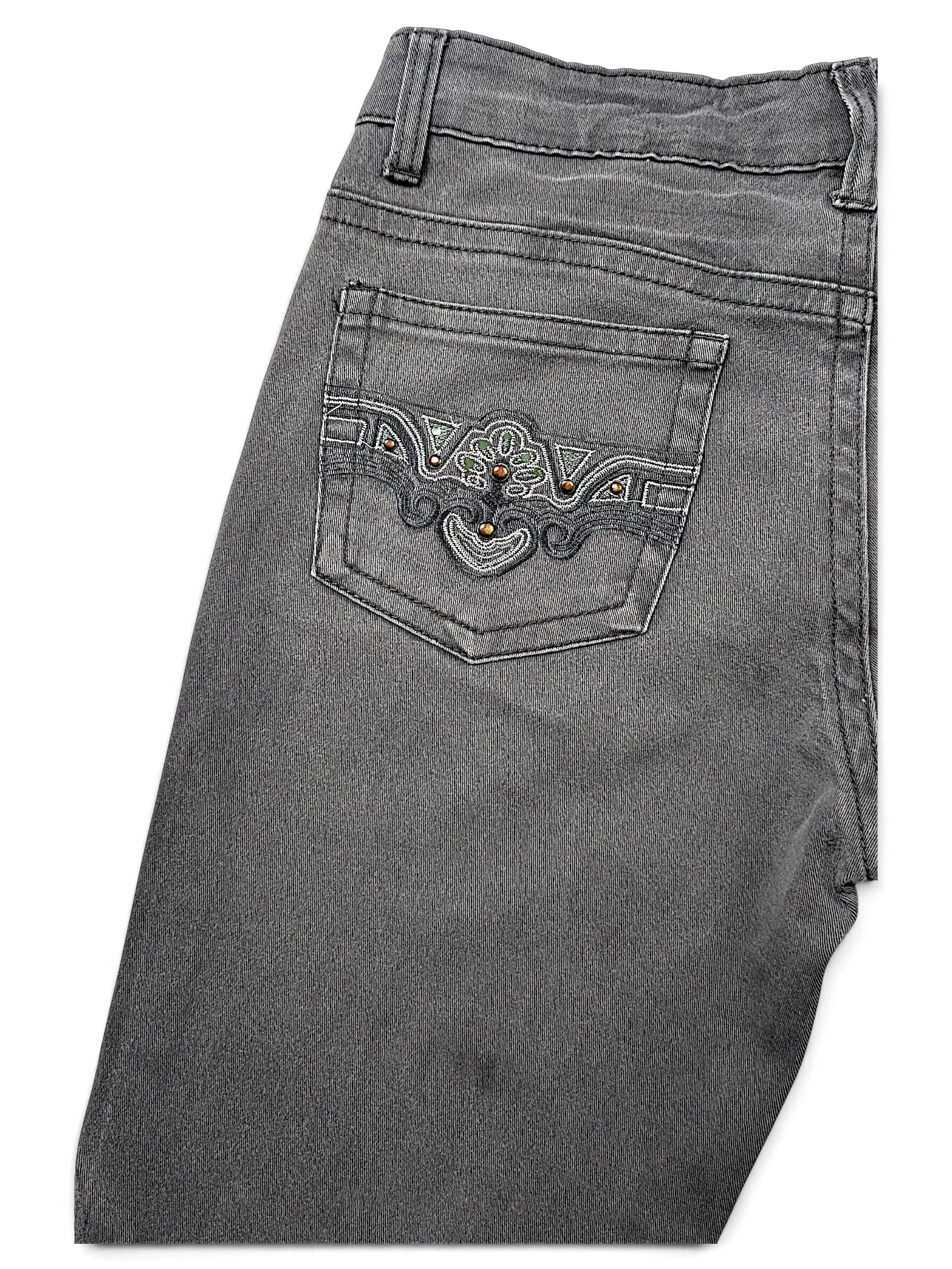JAKE & IPI grey denim jeans featuring Y2K style back pocket with intricate embroidery and copper stud detailing