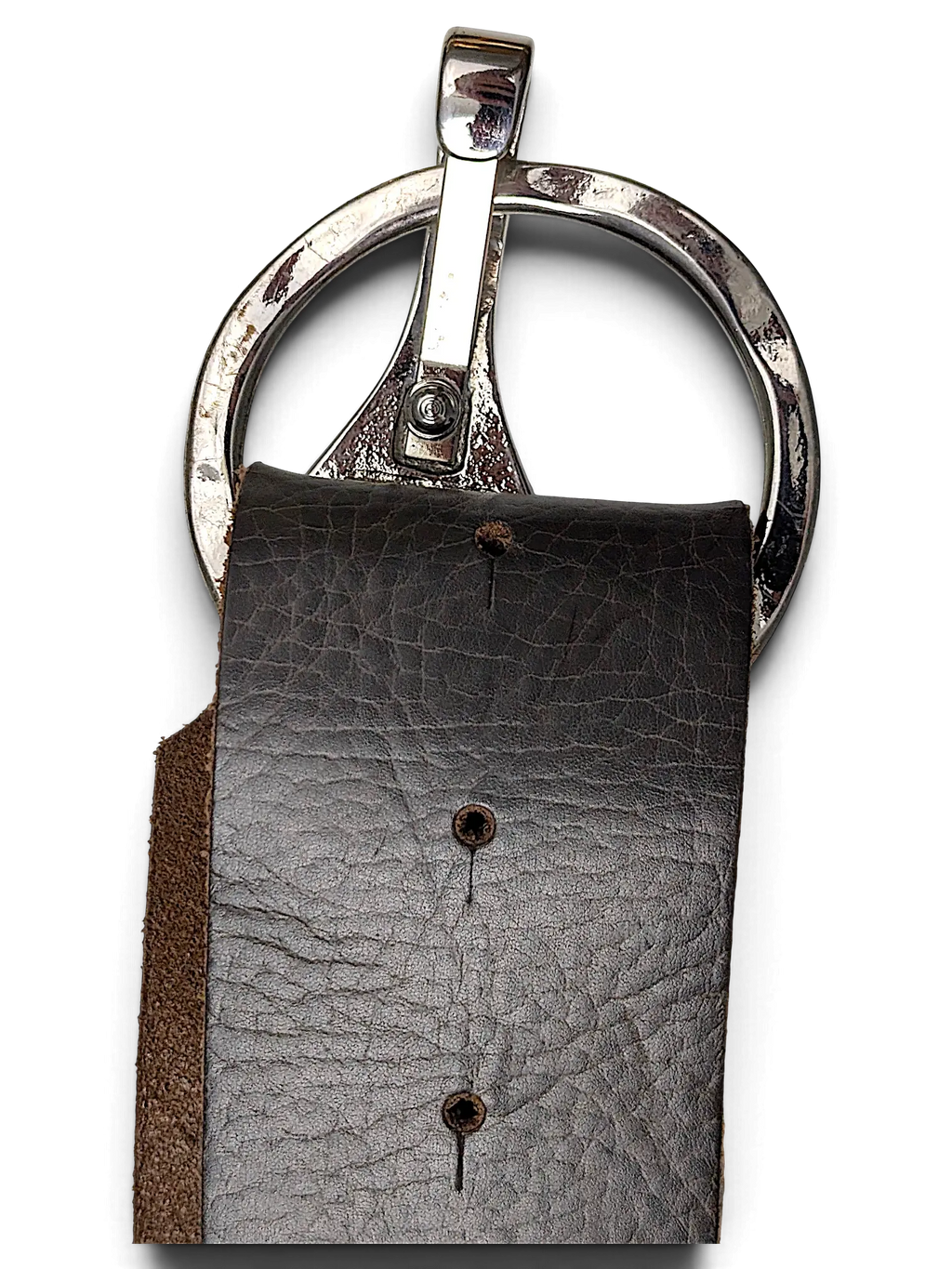 JAKE & IPI Street One grey leather belt featuring a large circular silver-tone metal buckle