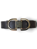 JAKE & IPI Joss grey leather belt featuring a polished gold-tone metal buckle held by a hand.