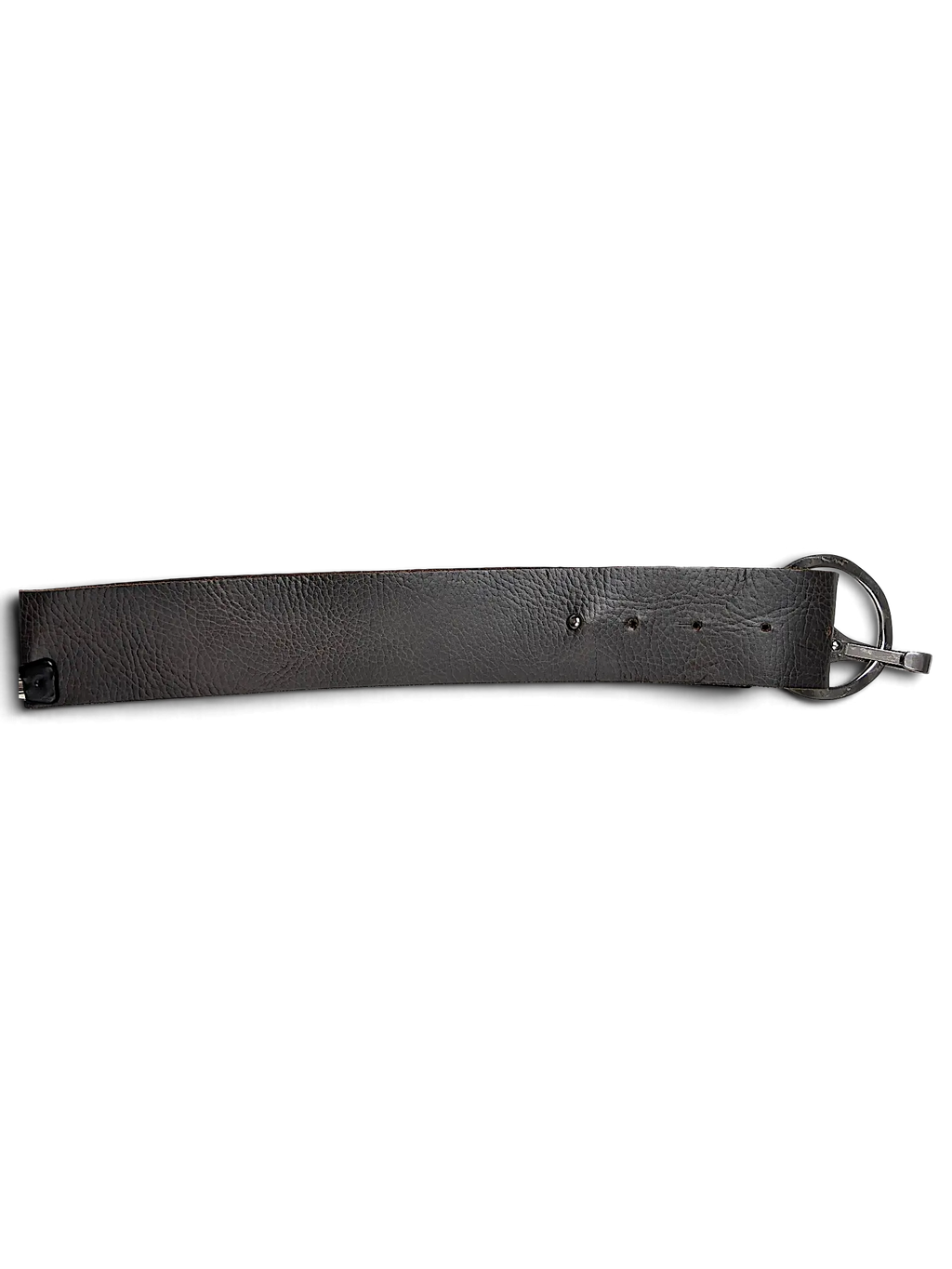 JAKE & IPI grey leather belt with a metal hook and ring buckle, featuring a textured finish and brand tag.