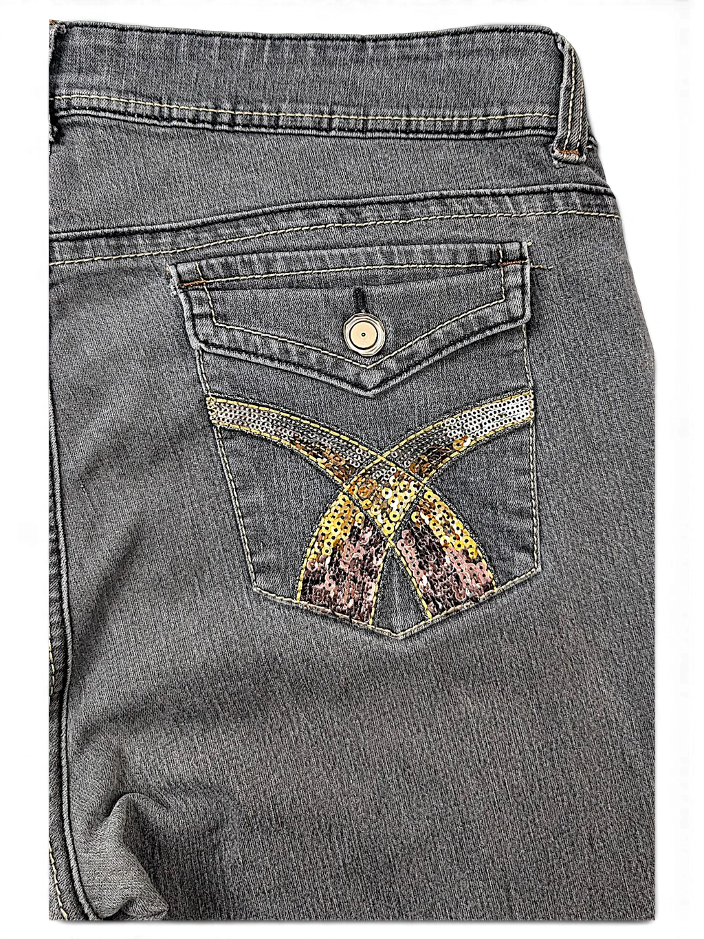 JAKE & IPI grey denim jeans featuring a back pocket with gold and pink sequin cross detailing and a button flap.