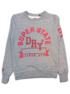 JAKE & IPI grey Superdry College sweatshirt with red graphic print on the chest and ribbed cuffs