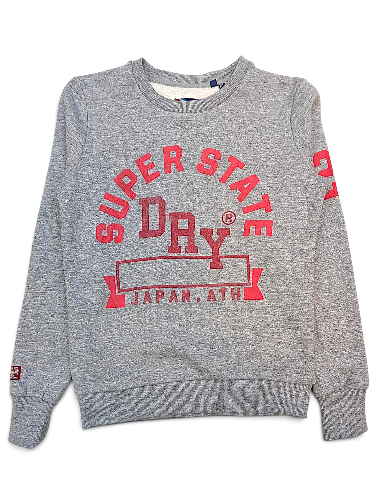 JAKE & IPI grey Superdry College sweatshirt with red graphic print on the chest and ribbed cuffs