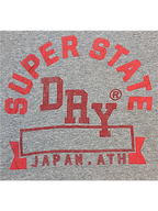JAKE & IPI grey Superdry College crew neck sweatshirt with red distressed graphic print on the chest