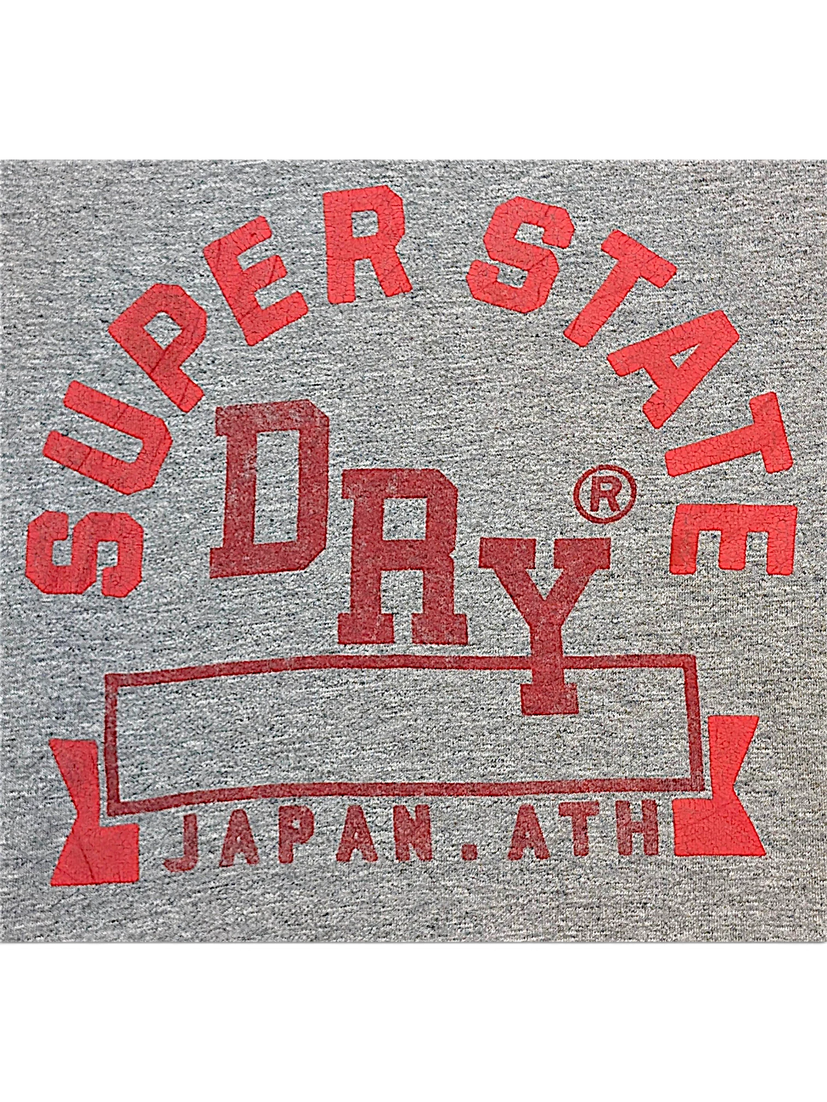JAKE & IPI grey Superdry College crew neck sweatshirt with red distressed graphic print on the chest