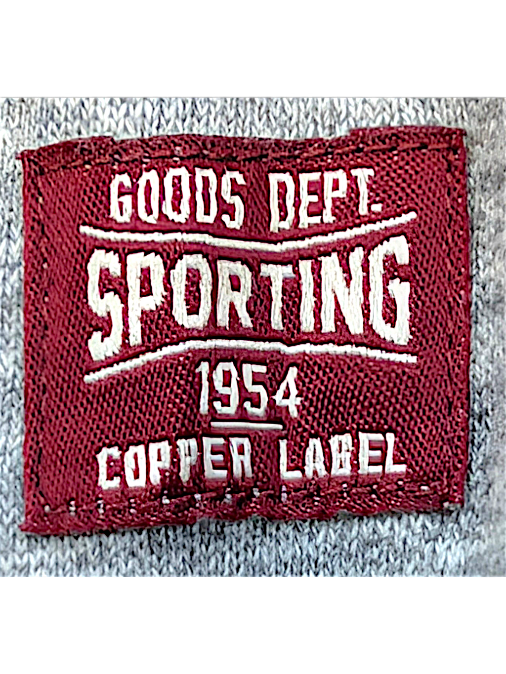 JAKE & IPI Superdry College grey marl sweatshirt featuring a burgundy embroidered brand patch with white text