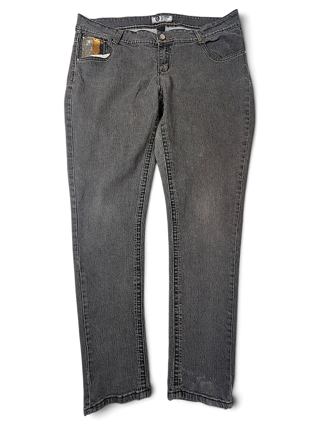 JAKE & IPI SP Classic Y2K grey denim jeans with a metallic gold pocket detail and slim fit design.