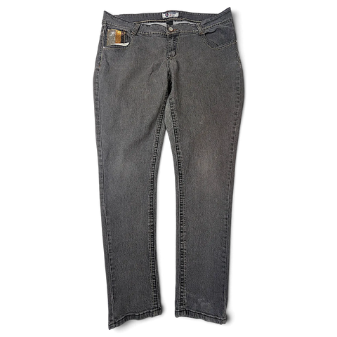 JAKE & IPI SP Classic Y2K harmaat farkut, metallinkultainen taskukoriste ja kapea malli.