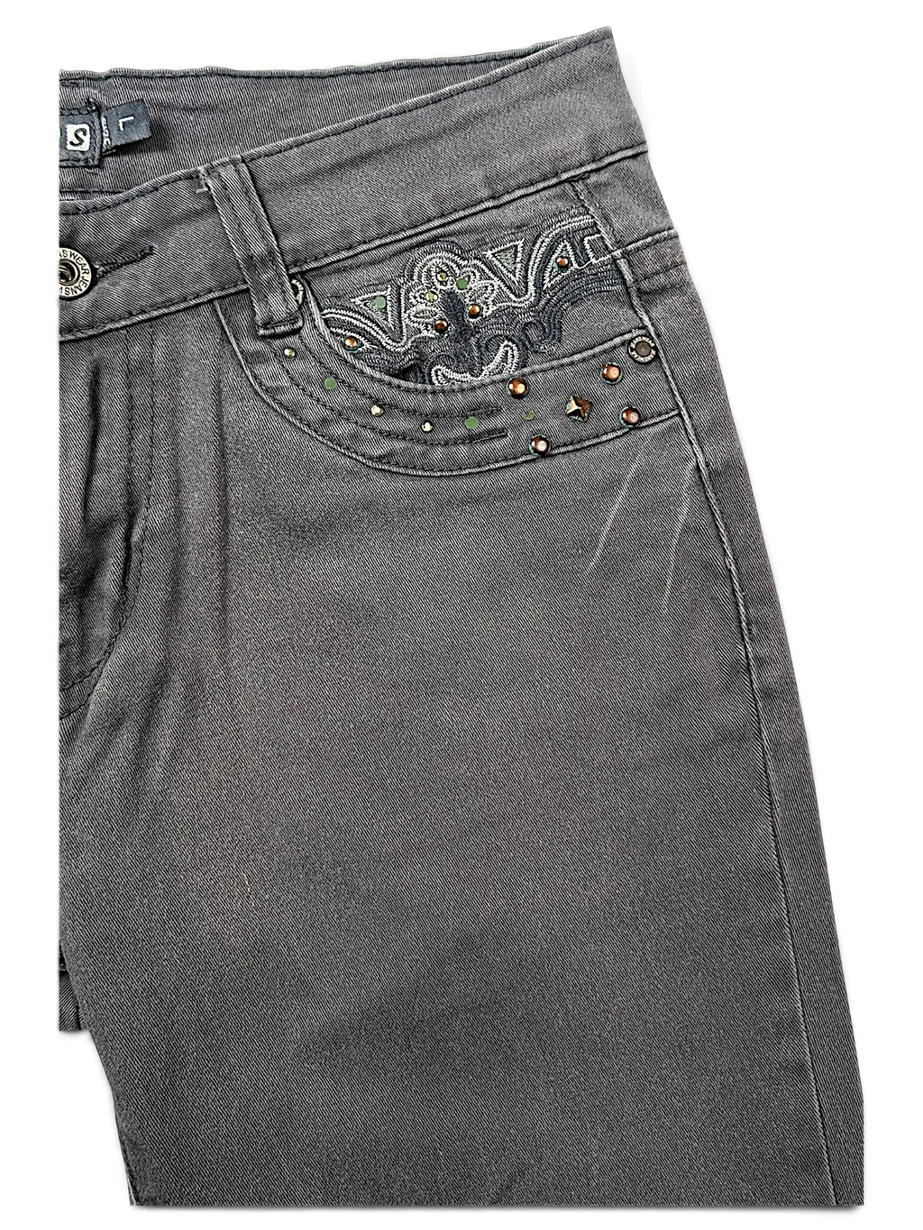 JAKE & IPI Seyoo Denim Division grey Y2K jeans featuring intricate embroidery and stud embellishments on the coin pocket.