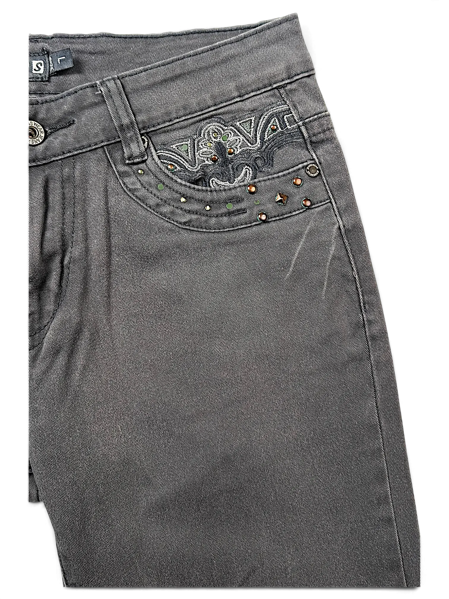 JAKE & IPI Seyoo Denim Division grey Y2K jeans featuring intricate embroidery and stud embellishments on the coin pocket.