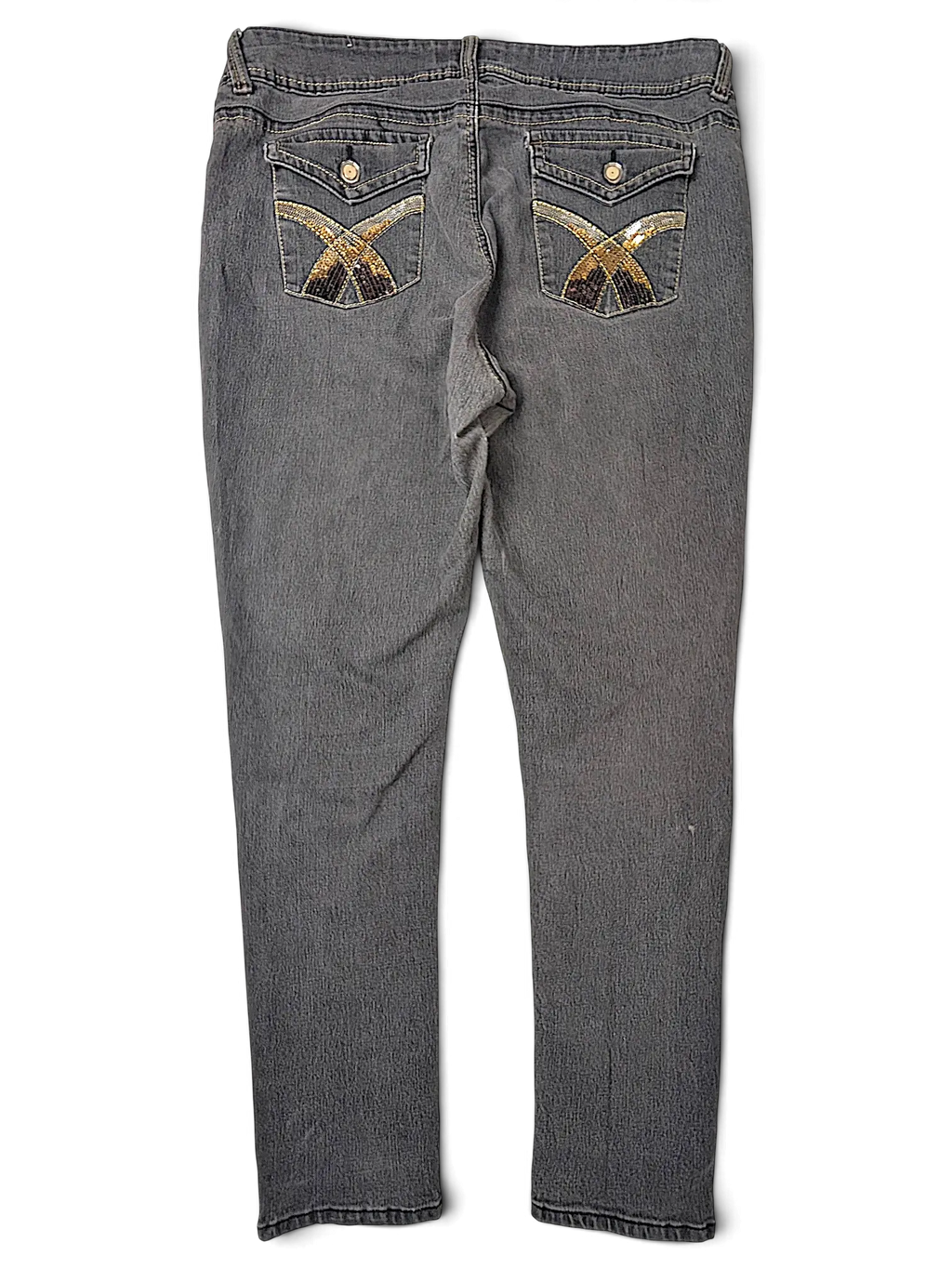JAKE & IPI grey denim jeans featuring Y2K style back pockets with gold sequin cross detailing.