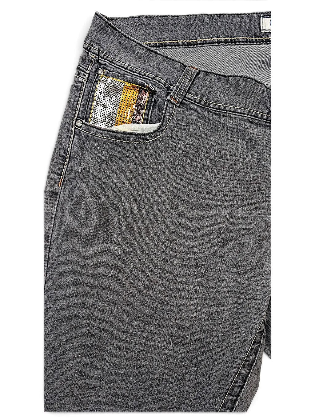 JAKE & IPI SP Classic Y2K grey denim jeans featuring a decorative sequined pocket detail