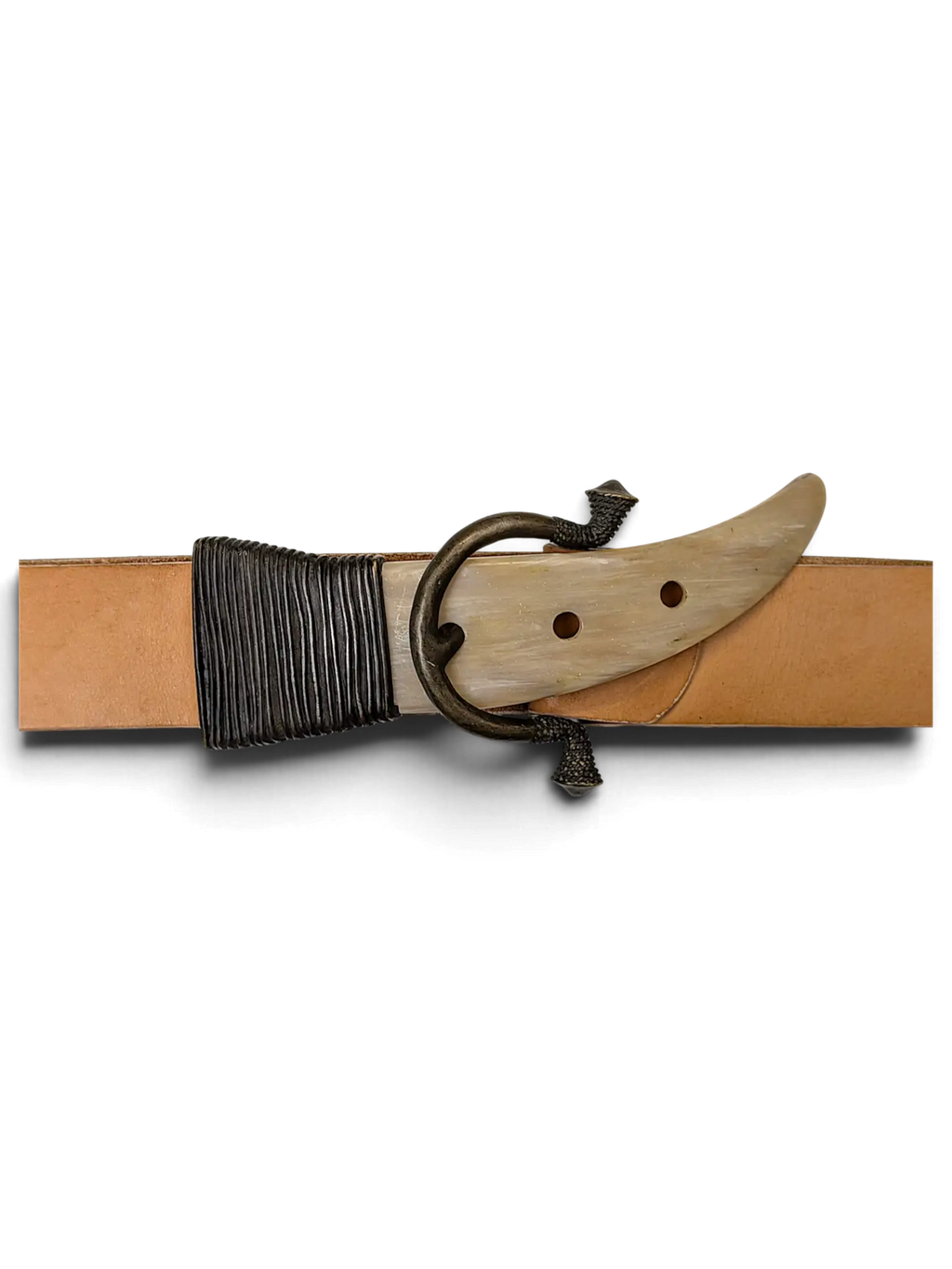 JAKE & IPI Griginialle leather belt featuring a unique horn-shaped buckle with dark metal hardware on a black background