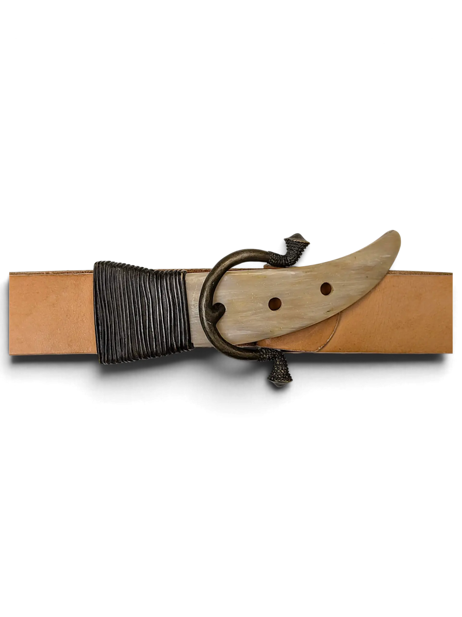 JAKE & IPI Griginialle leather belt featuring a unique horn-shaped buckle with dark metal hardware on a black background