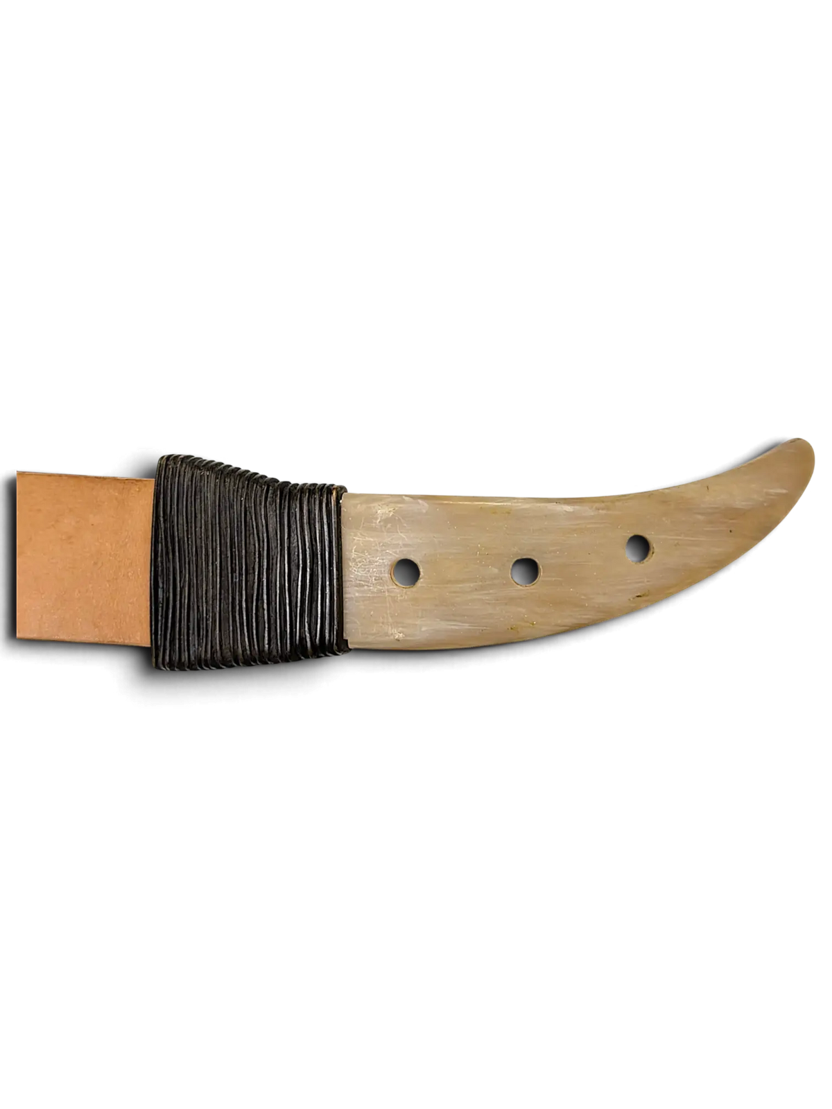 JAKE & IPI Griginialle leather belt featuring a unique curved horn buckle with black cord wrapping