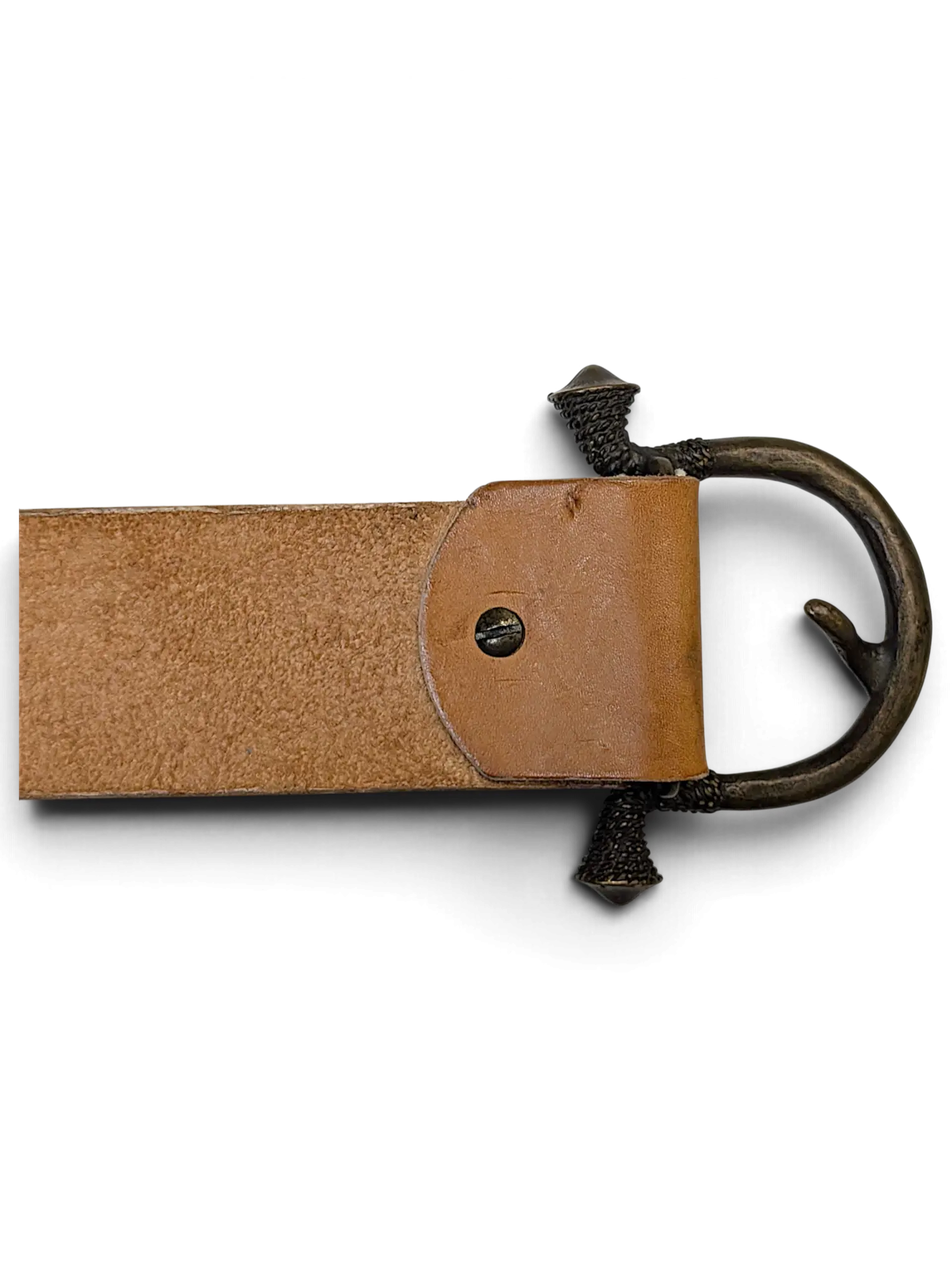 JAKE & IPI Griginialle leather belt featuring a rustic tan leather strap and a unique antique metal buckle.