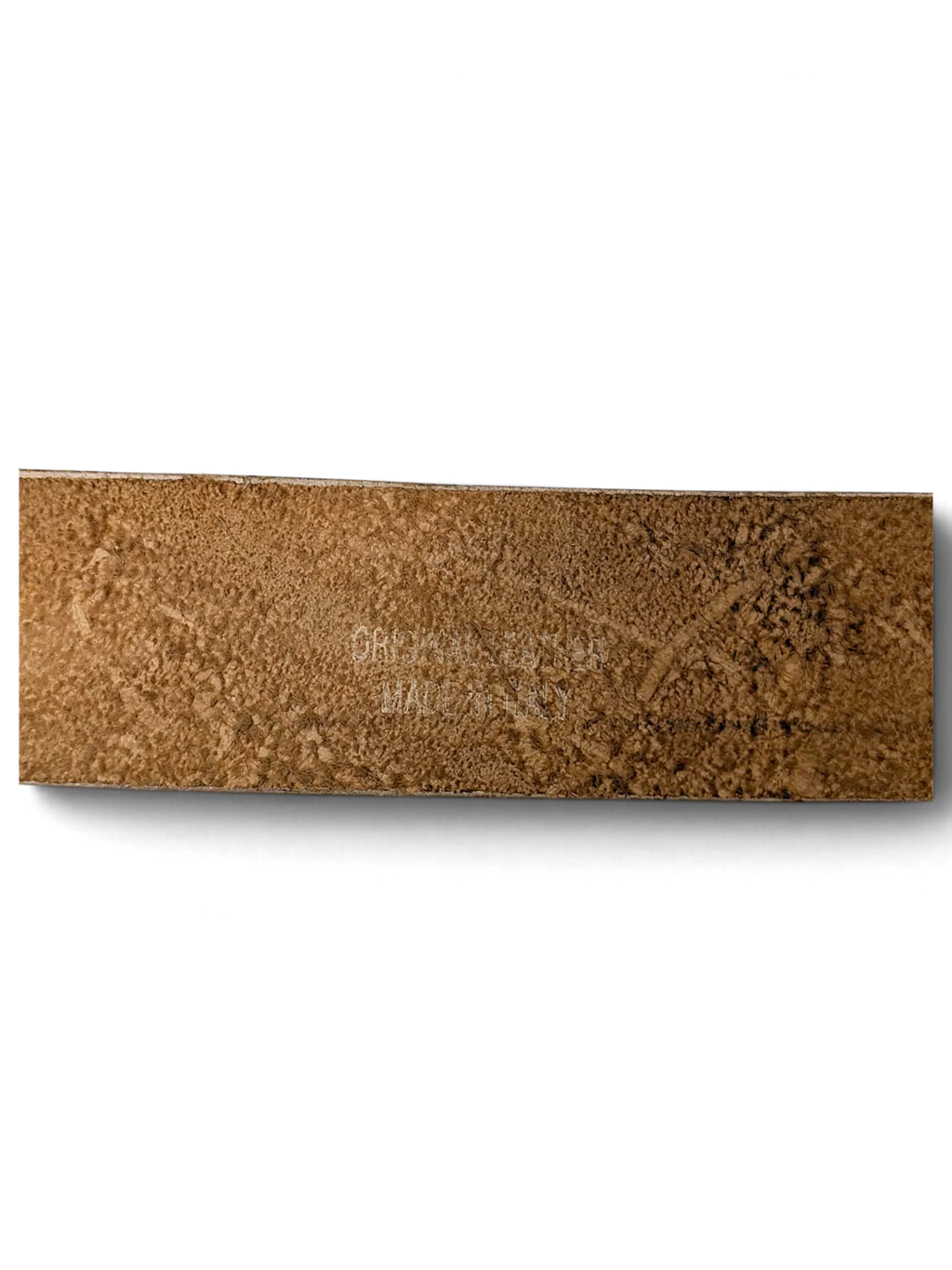 JAKE & IPI Griginialle leather belt showing the textured brown leather surface and embossed brand detailing.