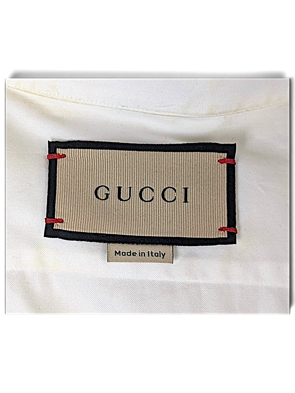 JAKE & IPI Gucci shirt white fabric label with red stitching details and Made in Italy tag